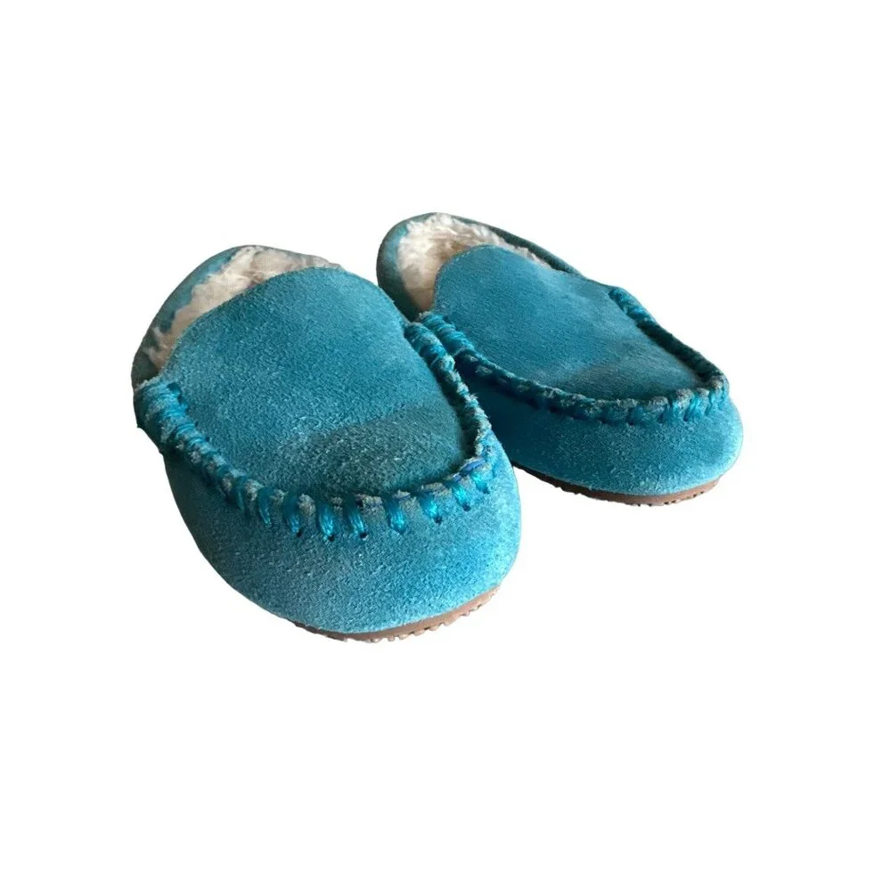 Lands‎ End Kids Youth Blue Teal Suede Fleece Lined Slippers Non Slip Size 13
